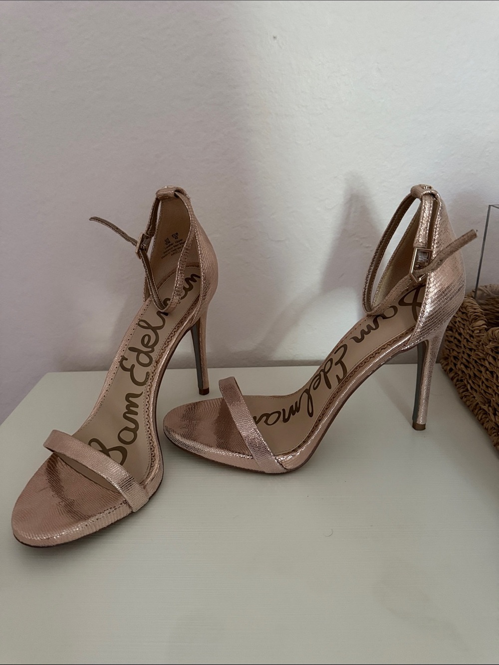 Sam Edelman Rose Gold Ankle Strap Stiletto Sandals